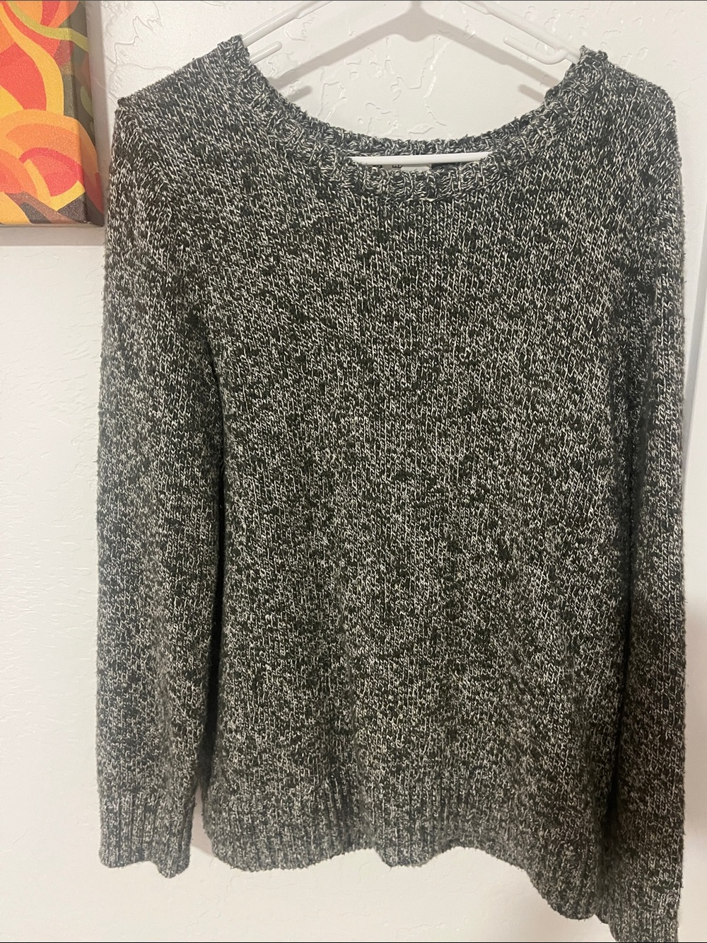 L.L. Bean Cotton Women's Green and White Marled Crew Neck Sweater